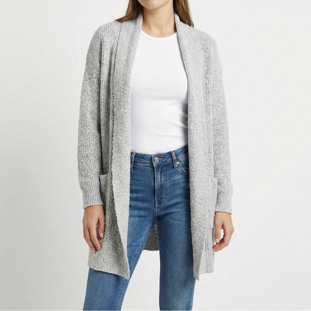 NINE WEST Grey Bouclé Textured Knit Open-Front Longline Cardigan Sweater S EUC